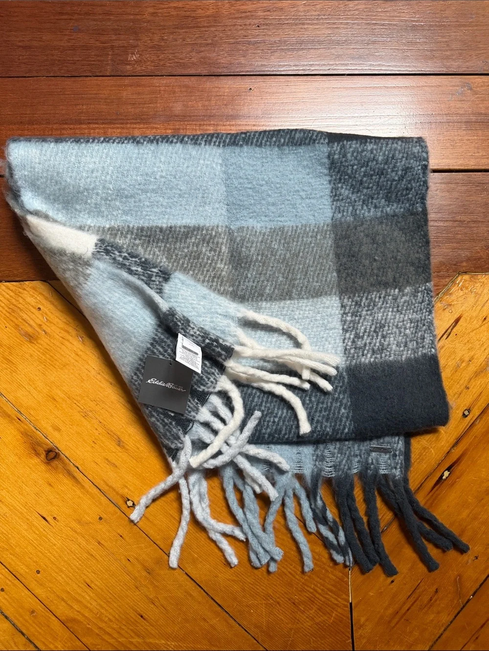 Eddie Bauer Light Blue, Gray & Charcoal Plaid Fringe Scarf